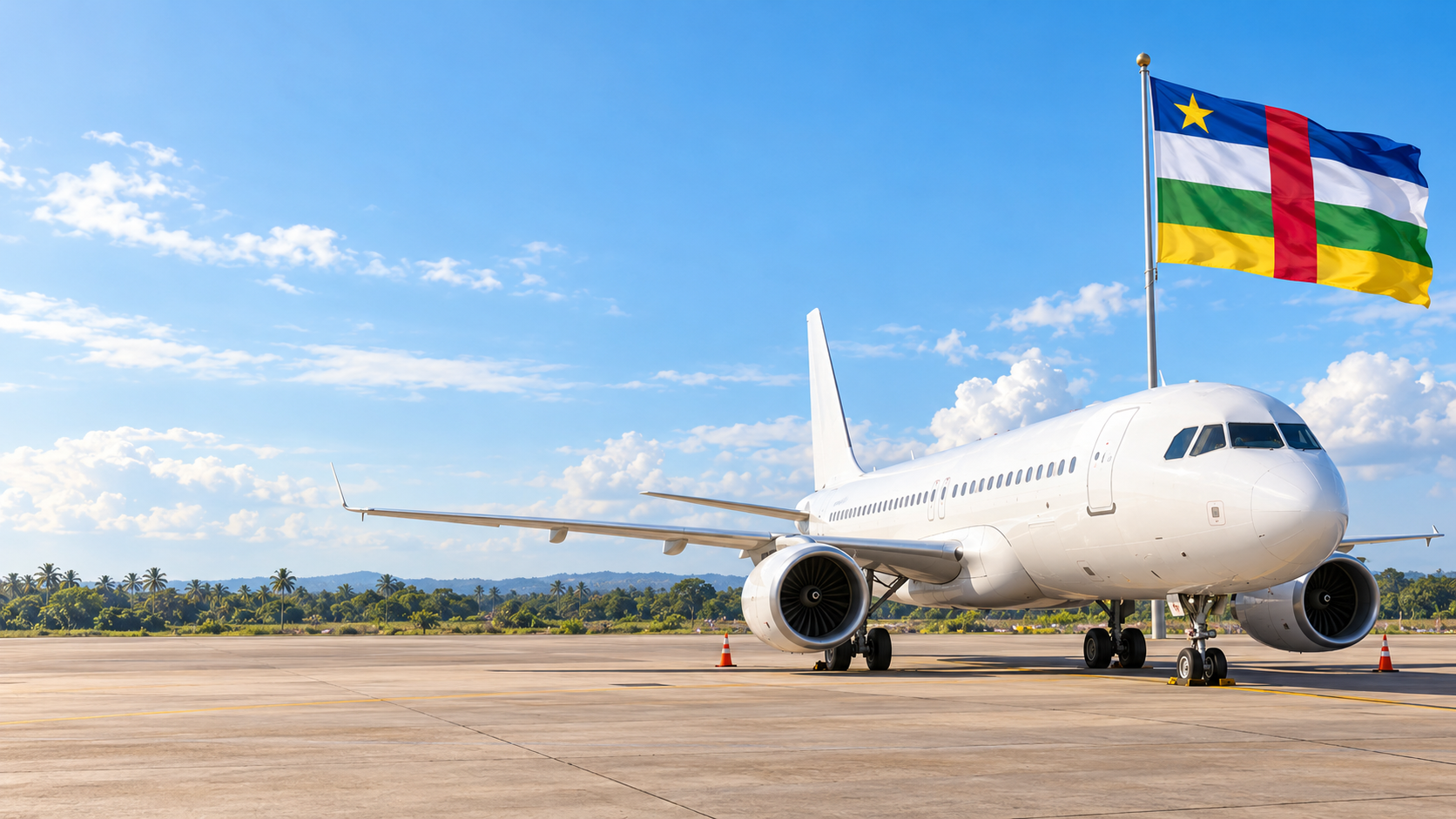 Avion sur le tarmac de l'aéroport de Bangui M'Poko, drapeau centrafricain en arrière-plan